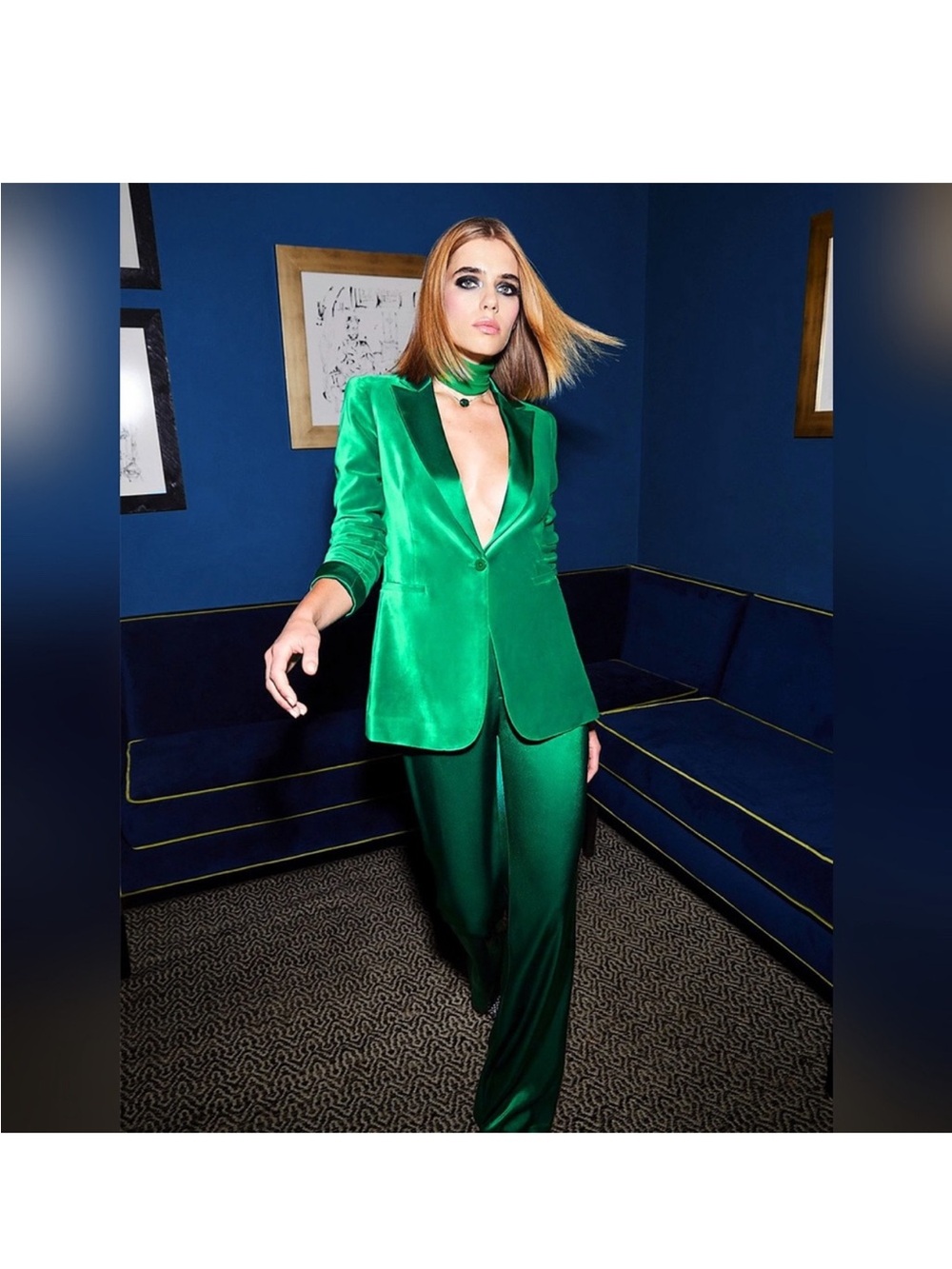 Alice & Olivia Green Velvet Jacket Blazer Satin Pants Suit Set 6/8